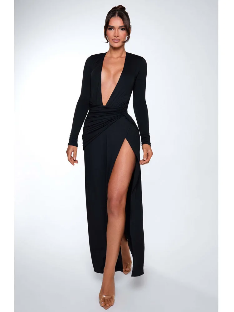 Long SLeeve V Neck Bodycon High Slit Maxi Dress