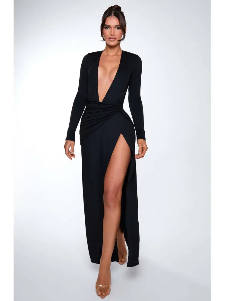 Long SLeeve V Neck Bodycon High Slit Maxi Dress