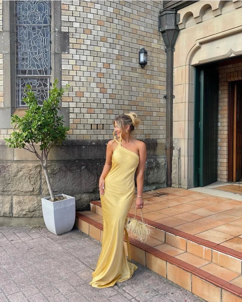 Yellow Open Back One Shoulder Backless Maxi Dress