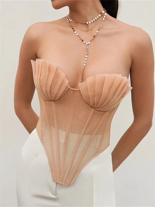 Mesh Corset Style Strapless Off Shoulder Ruffle Top