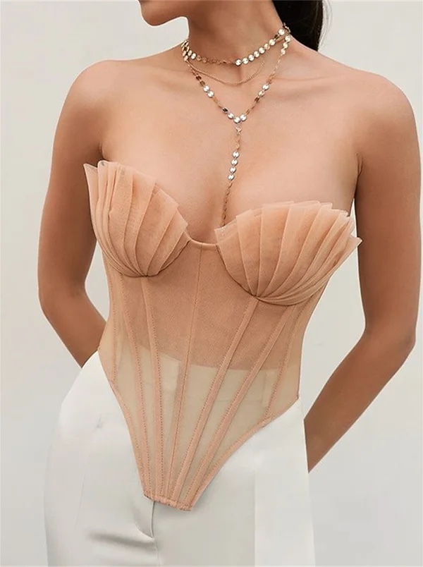 Mesh Corset Style Strapless Off Shoulder Ruffle Top