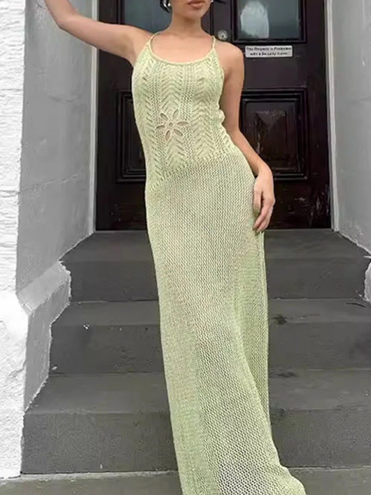 Floral Backless Crochet Summer Vacation Beach Holiday Maxi Dress
