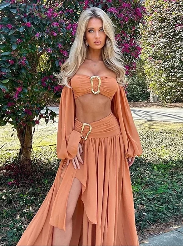Burnt Orange Crop Top Maxi Skirt Set 2 Piece Co-ord