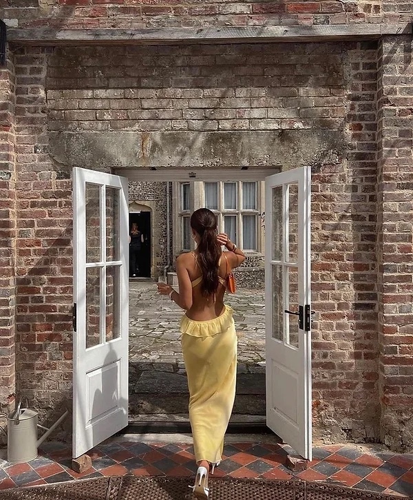 Yellow V Neck Ruffle Maxi Dress