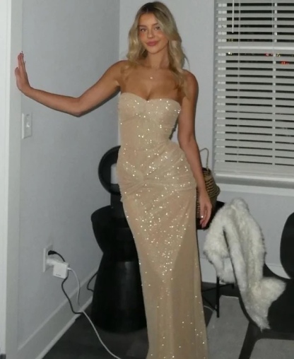 Strapless Sequins Maxi Elegant Party Club Wrap Ruched Backless Dress