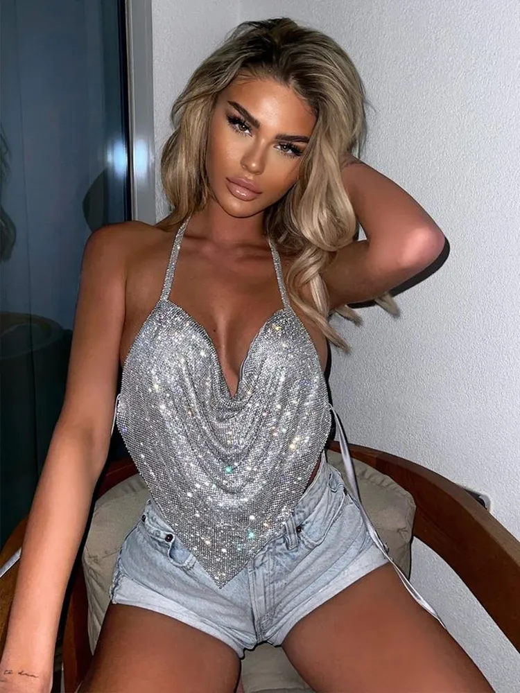 Spaghetti Strap Sequin Halter Crop Top