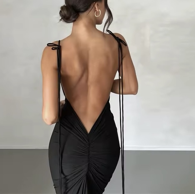 Backless Ruched V Bodycon Spaghetti Strap Maxi Dress