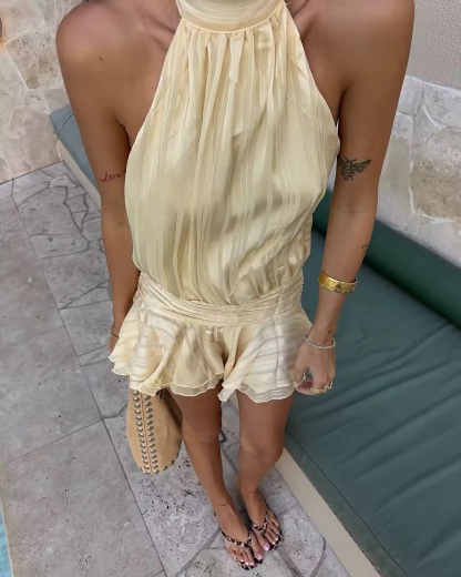 Beige Silk Halter Backless Mini Dress