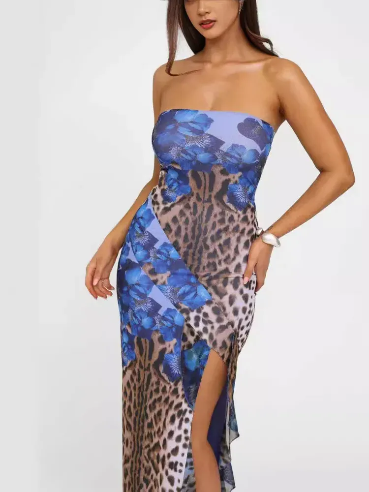 Strapless Ruffle Edge Slit Leopard Print Maxi Dress