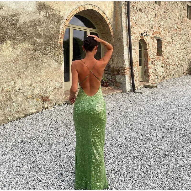 Green Sequin Scoop Neck Glitter Holiday Vacation Summer Maxi Dress