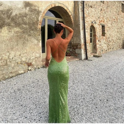 Green Sequin Scoop Neck Glitter Holiday Vacation Summer Maxi Dress