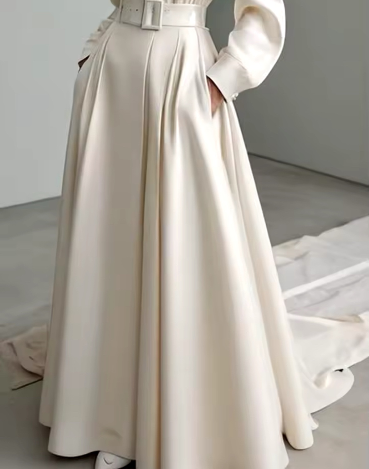 Elegant Belted Long Sleeve A-Line Maxi Dress