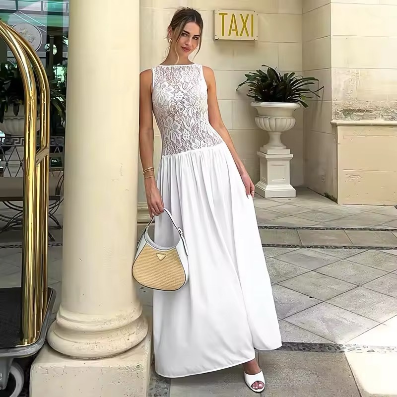 White Mesh Lace Sleeveless A Line Maxi Summer Dress