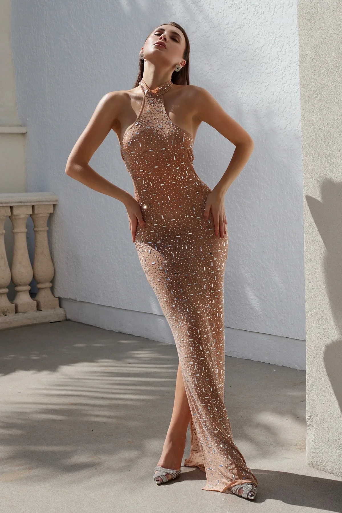 Rhinestone Embellished Bodycon Sleeveless Maxi Dress