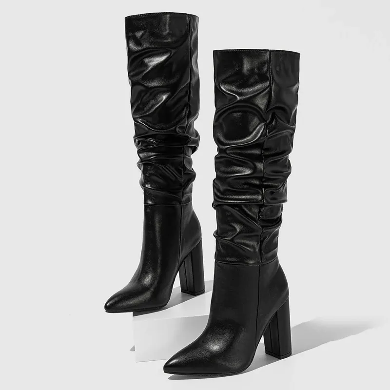 Leather Knee High Slip On Pointed Toe Boots