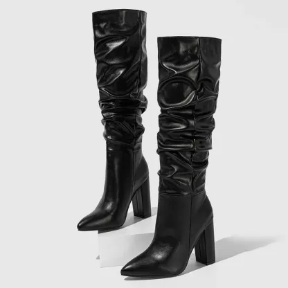  Leather Knee High Slip On Pointed Toe Boots