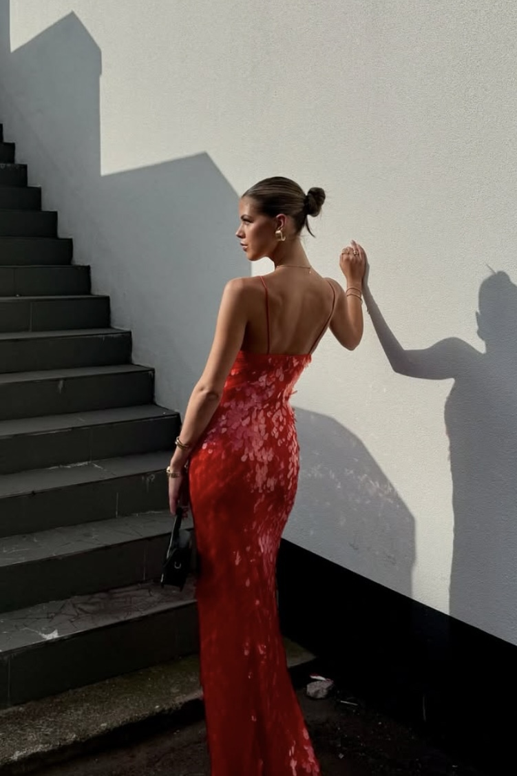 Red Sequin Mermaid V Neck Maxi Dress