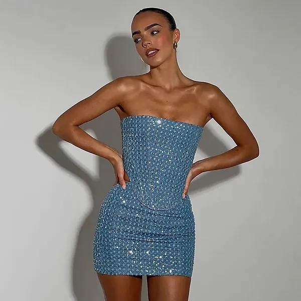 Blue Sequined Denim 2 Piece Co-ord Set