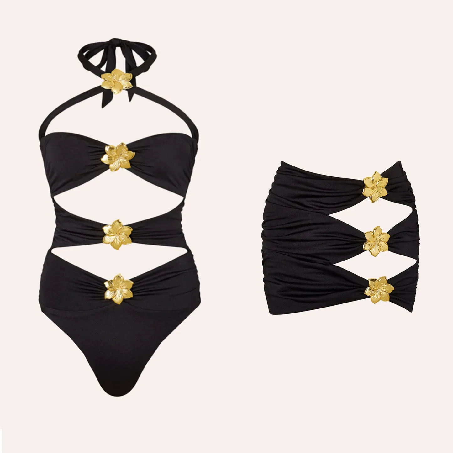 Gold Detail Cut Out Bikini & Cover Up Set