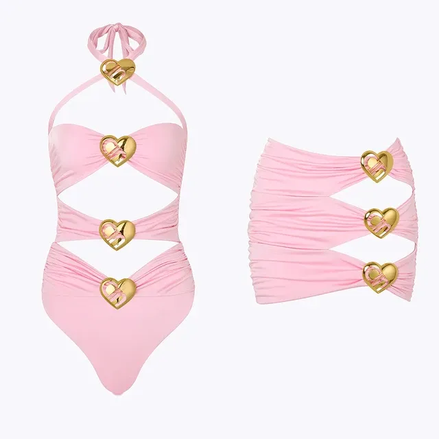 Gokd Heart Cut Out One Piece Bikini and Skirt