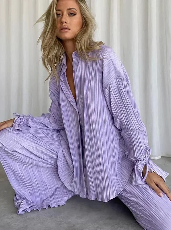 Pleated 2 Piece Set Long Sleeve Top & Wide Leg Pant