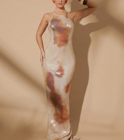 Gradient Sequin Bodycon Halter Sleeveless Maxi Dress