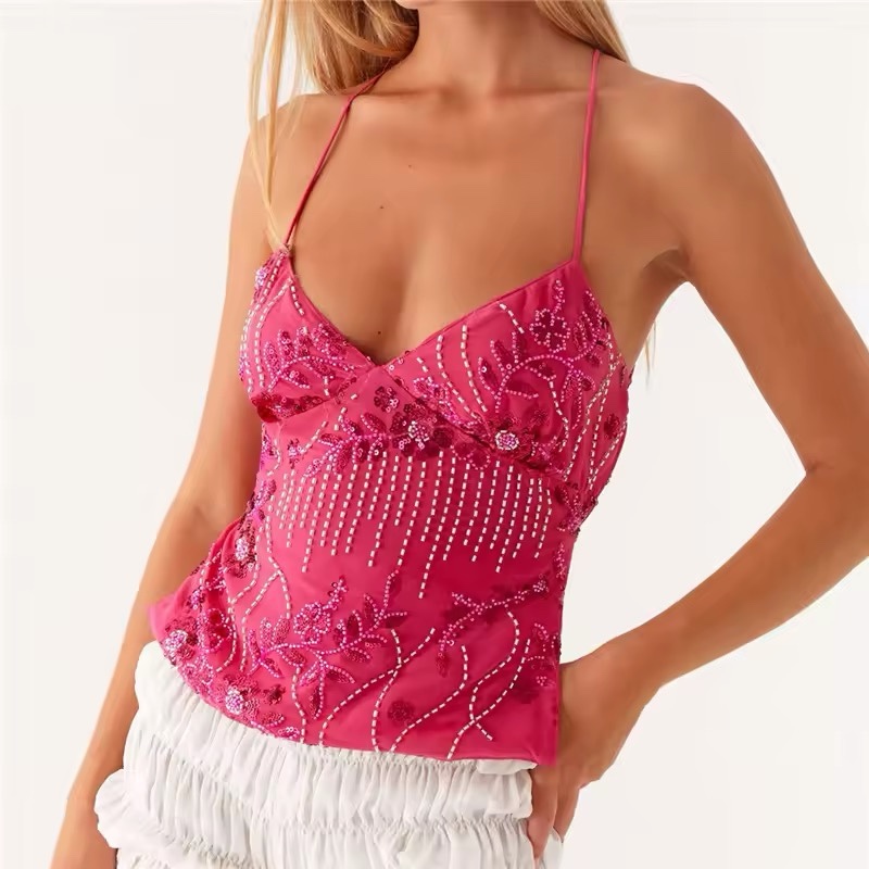 Spaghetti Strap V Neck Beaded Sequin Top