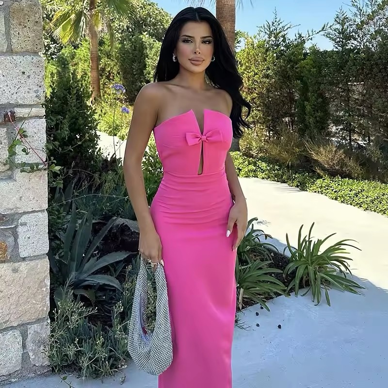 Strapless Bow Bodycon Long Maxi Dress