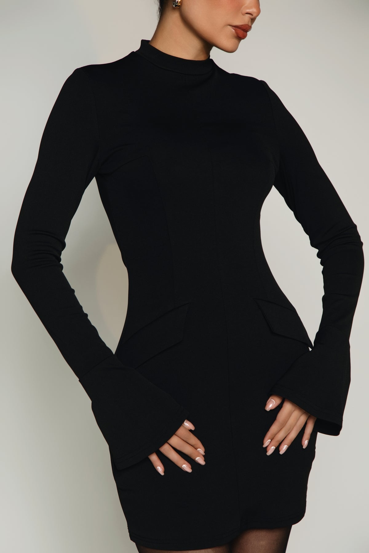 Long Sleeve Black A Line Elegant Mini Dress