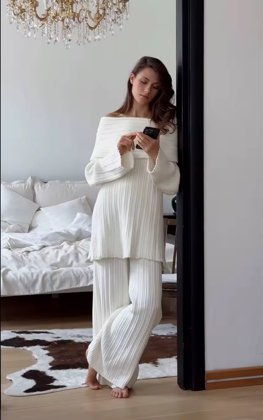 Off Shoulder Knitwear Long Sleeve Top & Trousers Set