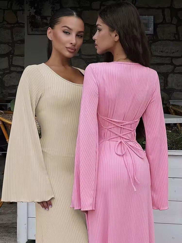 Flared Long Sleeve Lace Up Maxi Dress