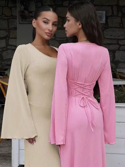 Flared Long Sleeve Lace Up Maxi Dress