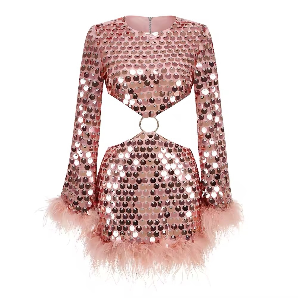 Pink Feathered Hem Sequin Long Sleeve Party Mini Dress