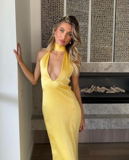 Yellow V Neck Halter Maxi Dress