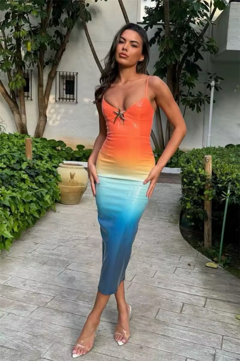 Gradient Color Holiday Vacation Bodycon Summer Maxi Dress
