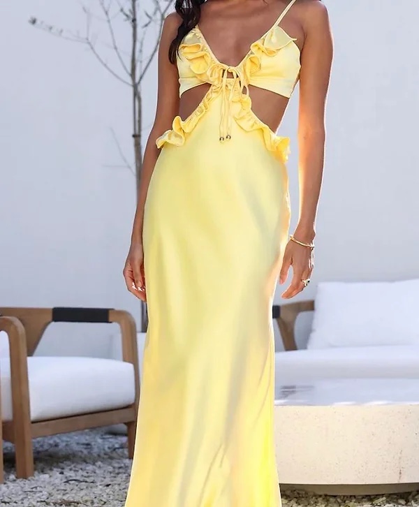 Yellow V Neck Ruffle Maxi Dress
