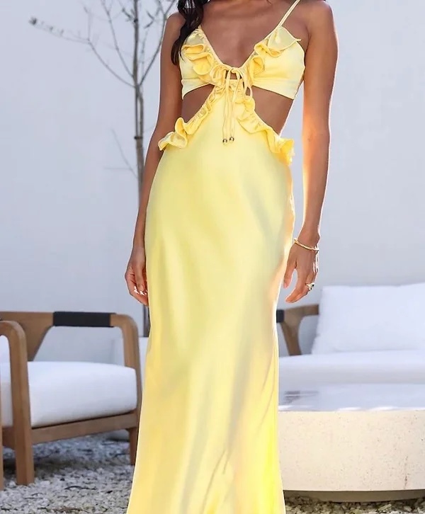 Yellow V Neck Ruffle Maxi Dress