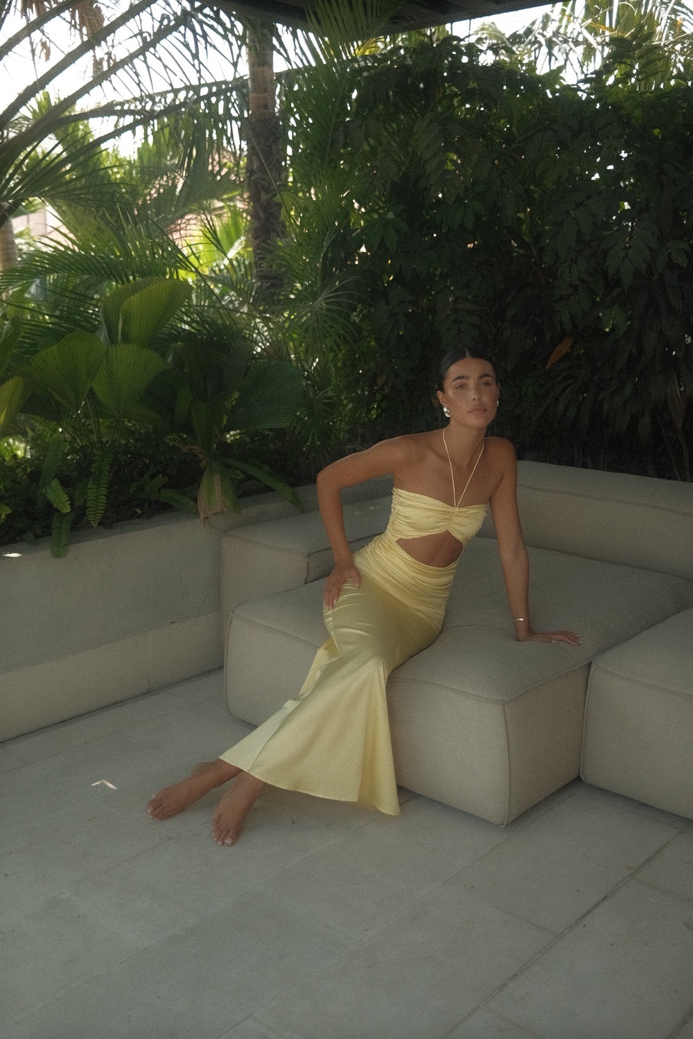 Yellow Silk Halter Cut Out Occasion Formal Maxi Dress
