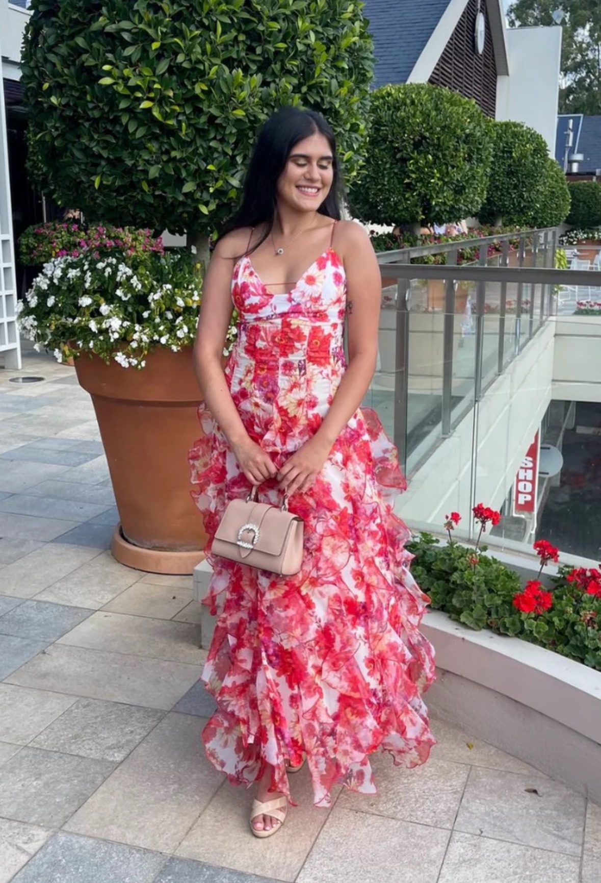 Red Floral Ruffle Layered Backless Maxi Dress