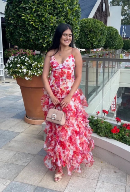 Red Floral Ruffle Layered Backless Maxi Dress