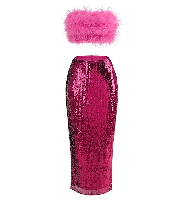 Pink Feather Detail Top & Sequin Maxi Skirt