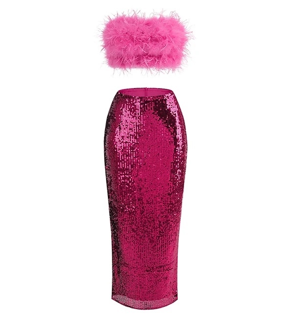 Pink Feather Detail Top & Sequin Maxi Skirt