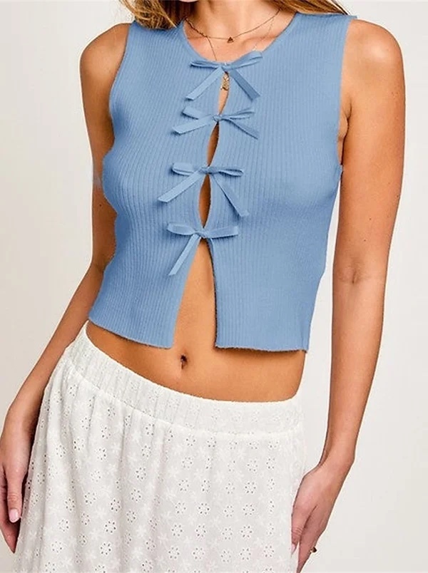 Knitted Cropped Tank Top Lage Up Bow Detail