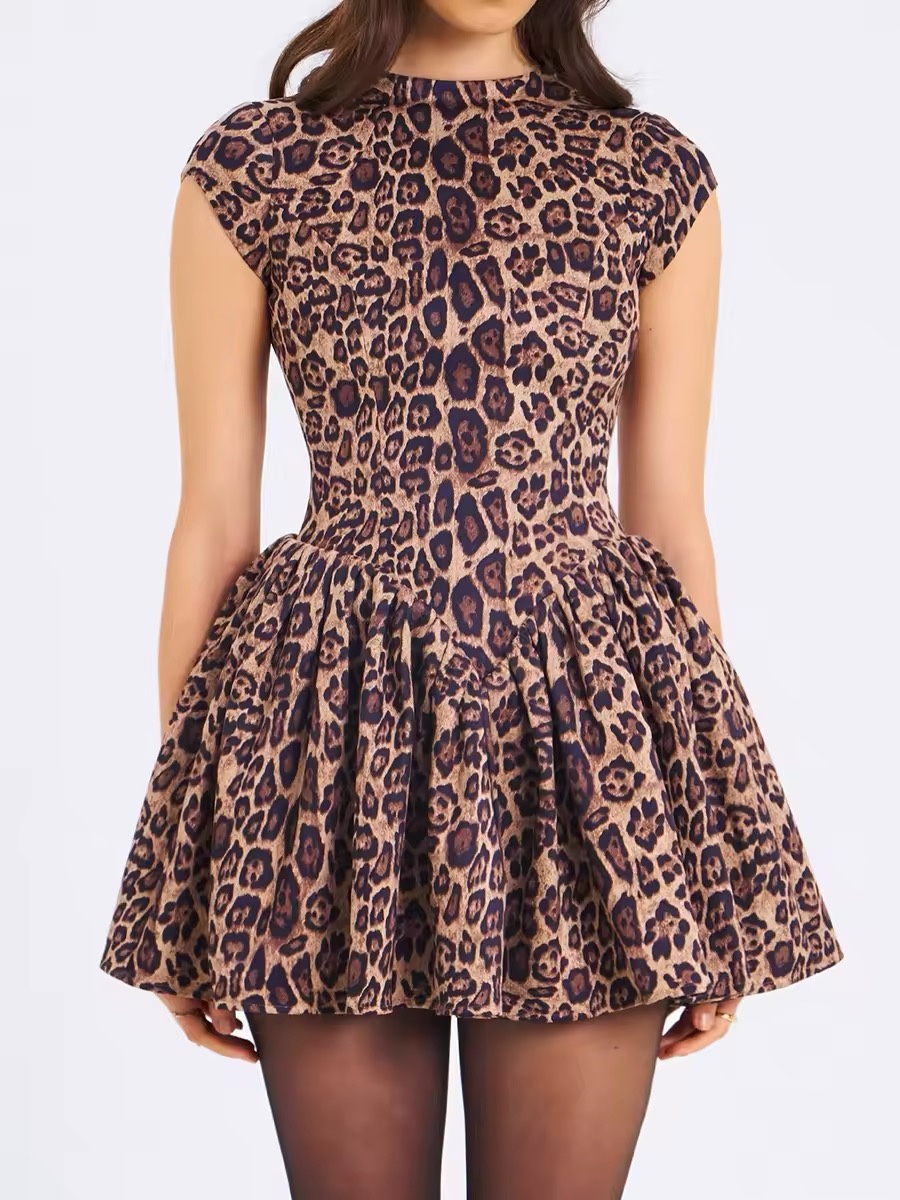 Leopard Print Sleeveless Open Backless A Line Mini Dress