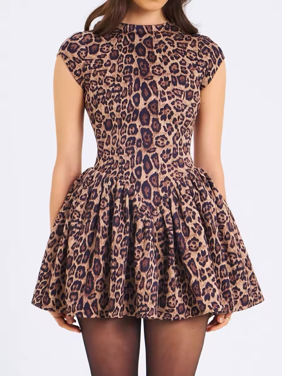 Leopard Print Sleeveless Open Backless A Line Mini Dress