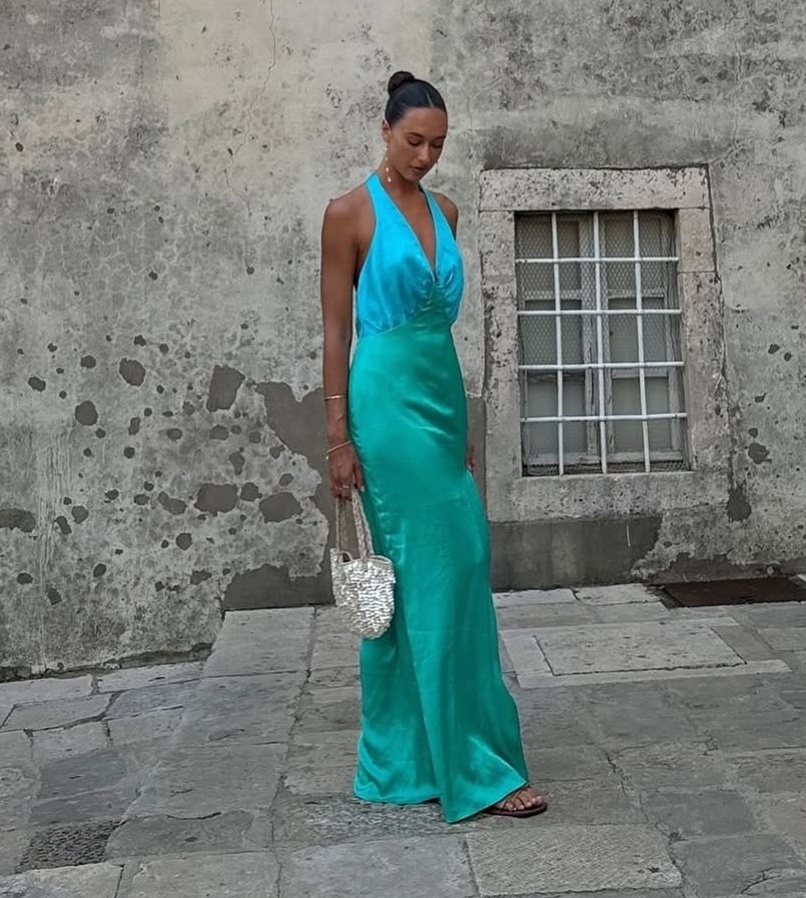 Blue Green Backless Sleeveless Summer Halter Maxi Dress