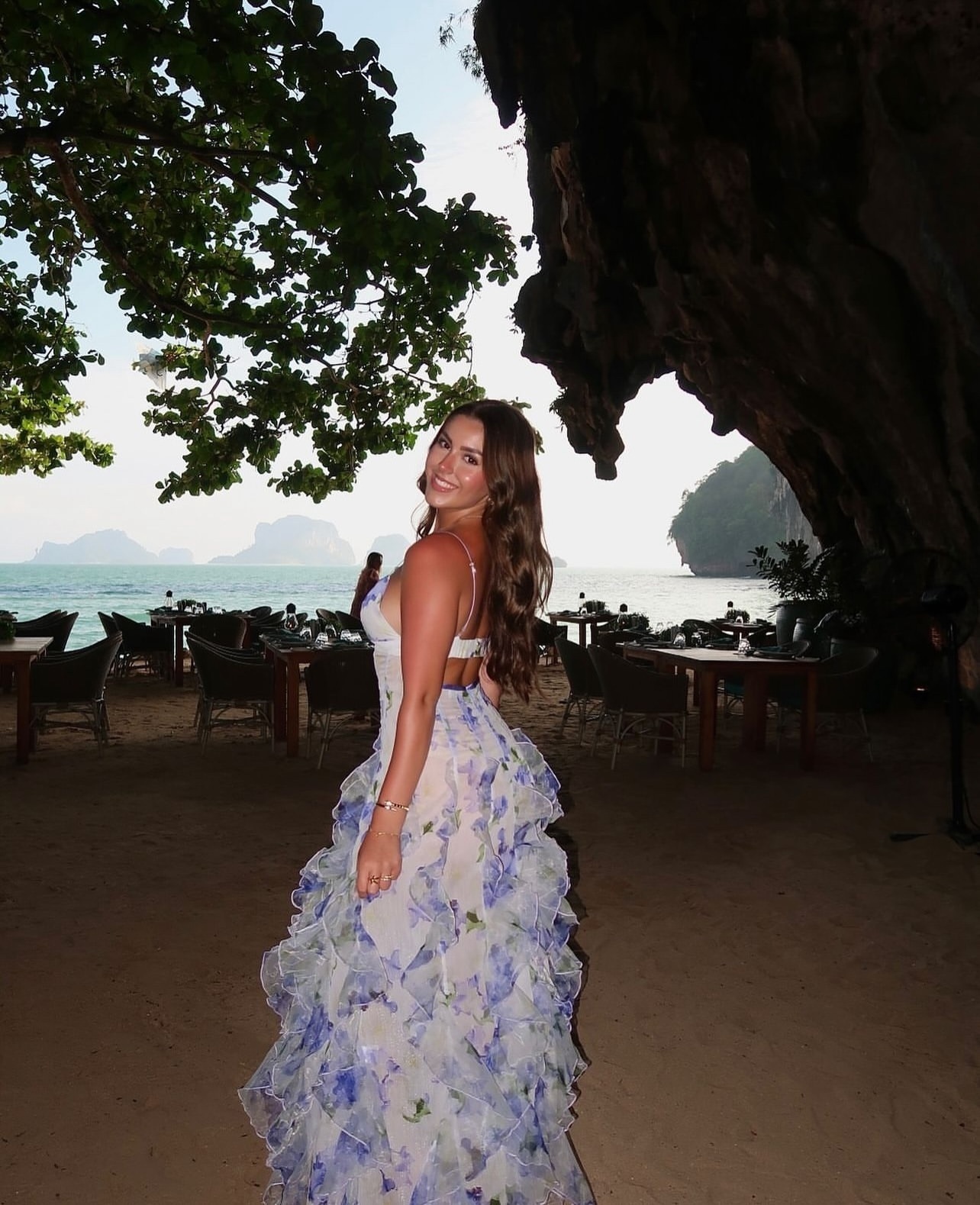 Blue Floral V Neck Ruffle Summer Vacation Maxi Dress