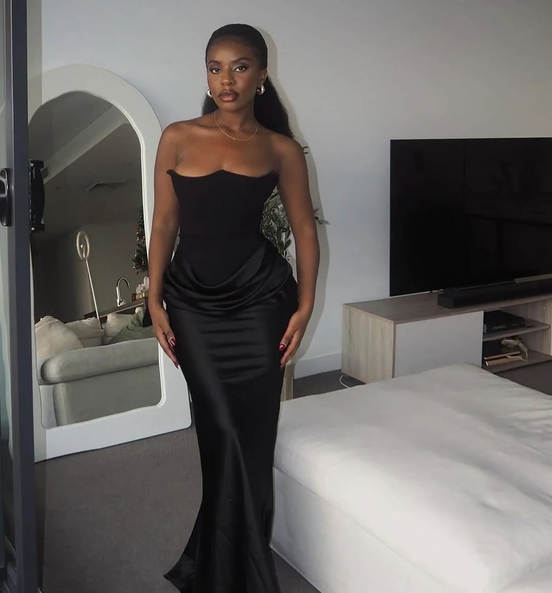 Black Elegant Ruched Satin Silk Maxi Dress