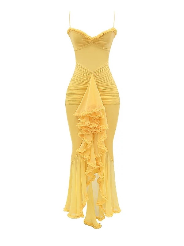 Yellow Ruffle Hem Bodycon Maxi Dress