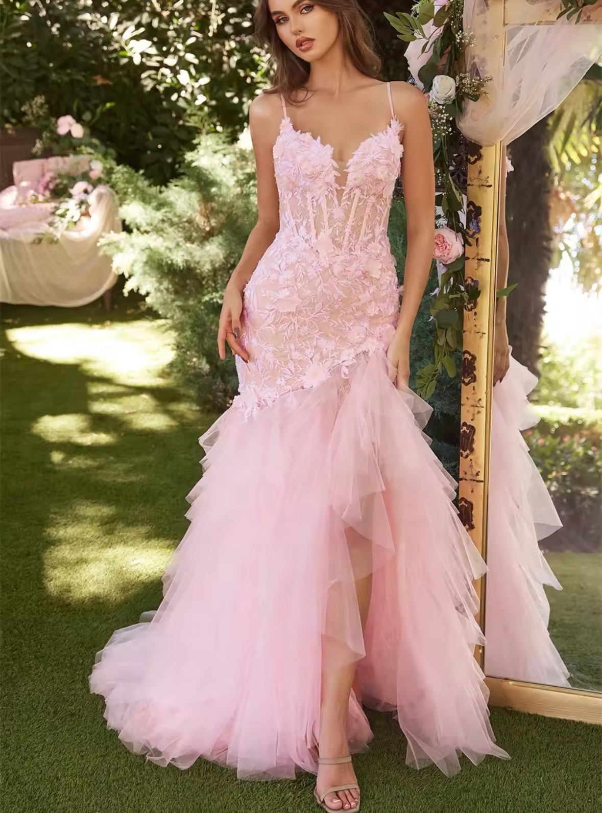 Pink Lace Layered Sleeveless Floor Length Prom Dress